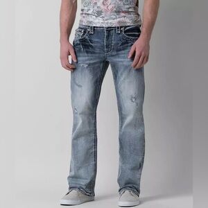 Rock Revival Feeney Bootcut Distressed Denim Jeans Men’s 32 studded leather trim